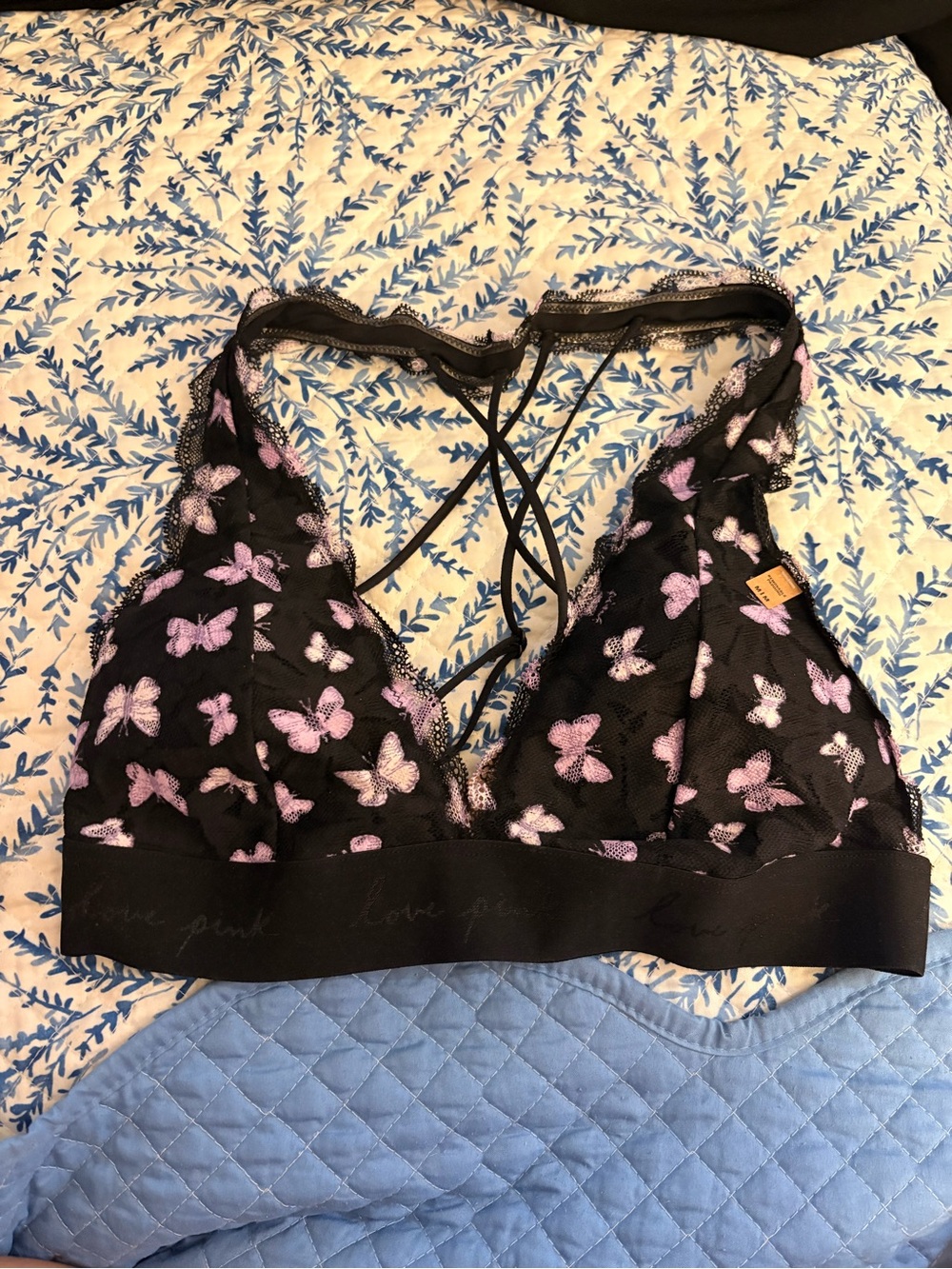 PINK Victoria's Secret Black Lace Bralette with Pink Butterfly Print